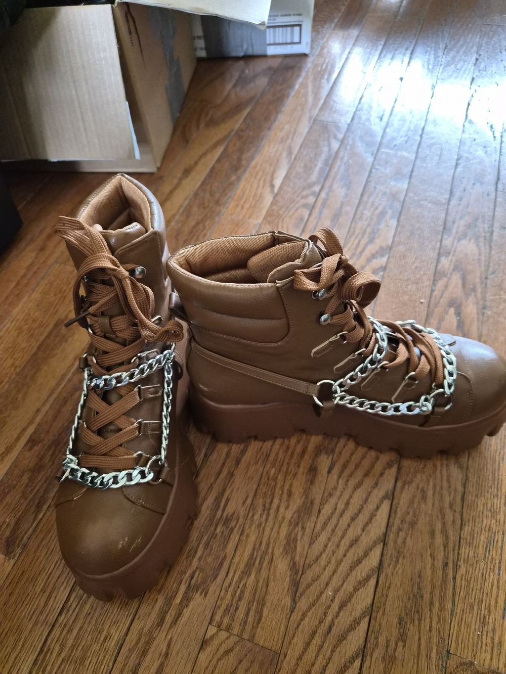 Cape Robbin Brown Lace-Up Platform Boots with Silver Chain